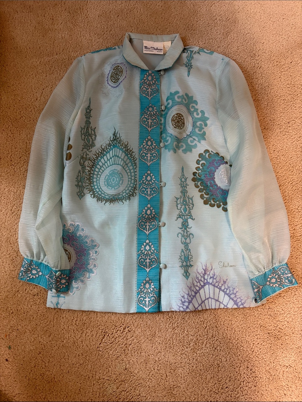 Vintage Sheer Light Aqua Embroidered Button-Front Blouse Size 8